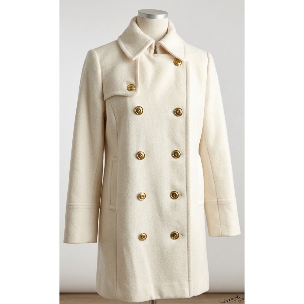 VTG J.Crew Wool Cashmere Station Coat 10P Ivory Cream Gold Button 20110 HO09